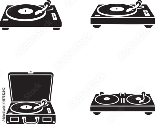 Vintage record vinyl player silhouette set vector illustration isolated on transparent background