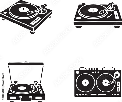 Vintage record vinyl player silhouette set vector illustration isolated on transparent background