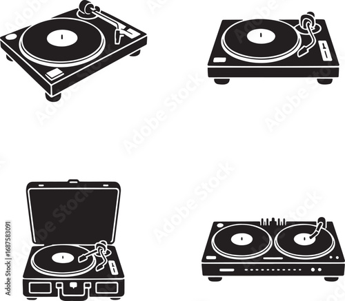 Vintage record vinyl player silhouette set vector illustration isolated on transparent background