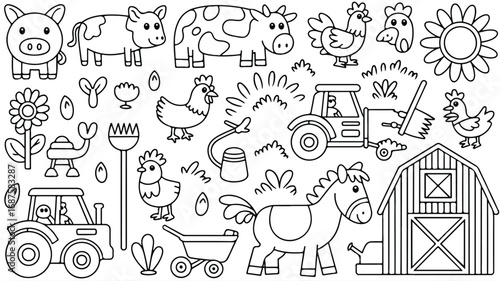 Farm animal line art illustration including pig cow chicken horse barn tractor farming theme