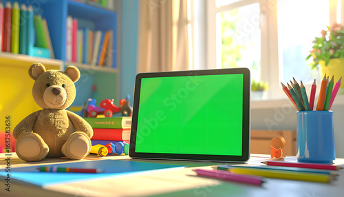 Children's study area with a teddy bear and a tablet with a green screen, ready for digital learning and creative activities