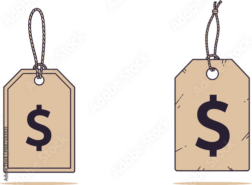price tags with dollar symbols hanging by strings
