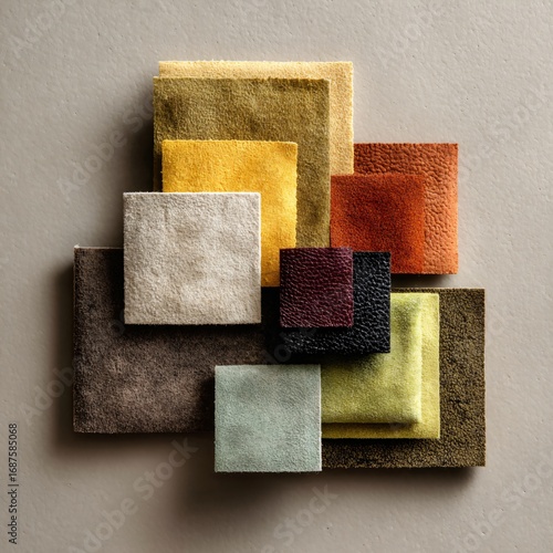 A harmonious collection of textured square swatches in earthy tones, arranged to showcase the subtle variations in color and material, creating a warm and inviting palette