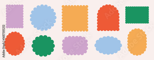 Scallop wavy frame set vector illustration isolated on white.  Curvy circle, oval, rectangle shape form label.