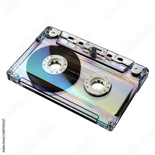 Retro audio cassette with holographic metallic shine, iridescent reflective surface, vintage 80s technology aesthetic, photorealistic detailed nostalgic tape recorder
