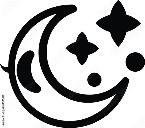 Black Silhouette Icon of a Crescent Moon with Stars and Dots on a White Background Keywords: moon, crescent, night, sky, stars, celestial, space, astronomy, dream, sleep, lullaby, fantasy, magic