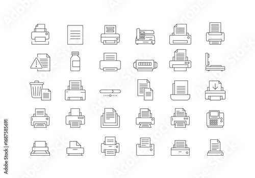 Set of Printing Icon. Document, page, print, paper, printer, fax, office, publication icon line art style vector template