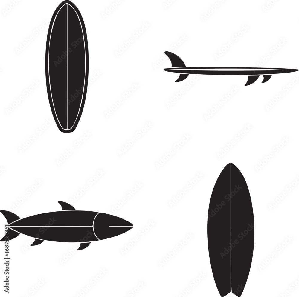 Fototapeta premium Vintage Surfboard silhouette set vector illustration isolated On Transparent Background