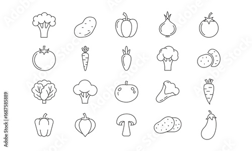 Set of vegetables icon. Avocado, banana, blueberry, carrot, cherry, tomato, pumpkin, pineapple and more icon line art style vector template