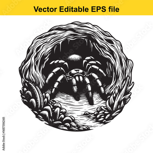  scary tarantula spider emerging from dark cave entrance, vector illustration