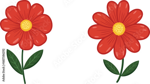 two vibrant red flowers with green stems and yellow centers