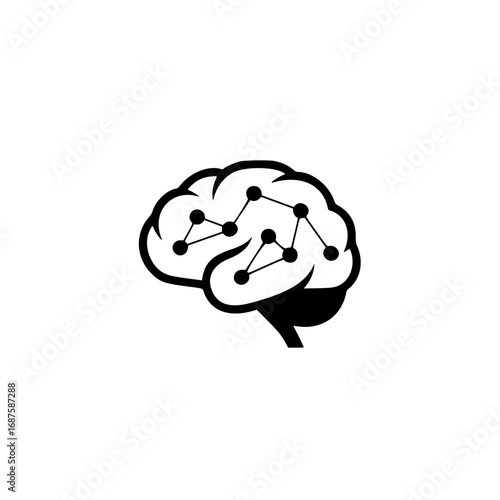 A minimalist black silhouette of a brain with an interconnected neural network, designed as a creative technology or science logo