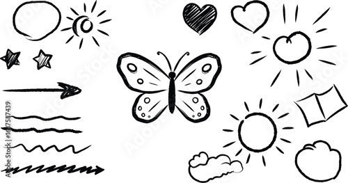 a butterfly surrounded by hearts stars clouds and suns