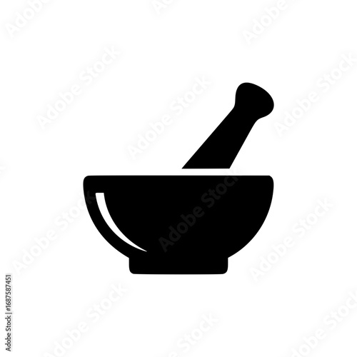 Elegant minimalist black silhouette logo depicting a traditional mortar and pestle, a versatile graphic symbol for medicine, pharmacy, or culinary arts, embodying tradition