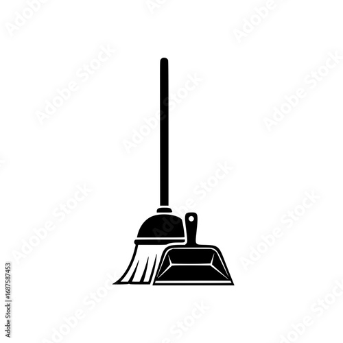 Minimalist black silhouette logo icon of a broom and dustpan, representing cleaning, tidiness, and household chores, an essential graphic for various design applications