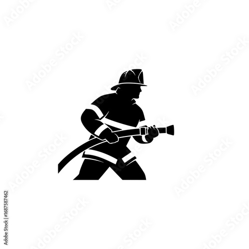 A minimalist black silhouette logo of a brave firefighter holding a water hose, representing heroism and emergency services