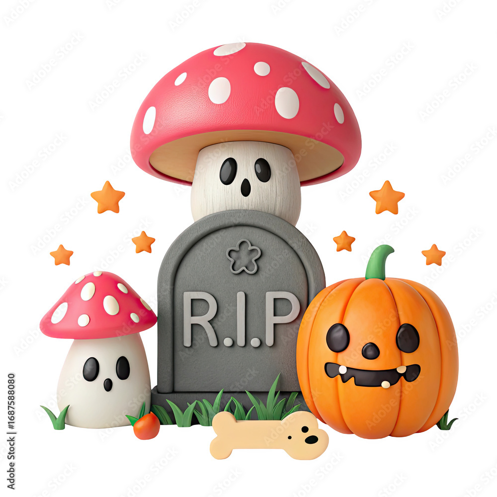 Fototapeta premium Cute halloween scene with a tombstone rip sign a pumpkin and two mushrooms isolated on transparent background