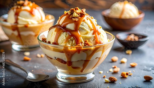 Ice cream sundae with caramel and nuts