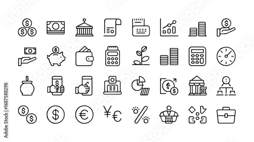 Financial Icons Collection representing money banking growth investment economy and currencies for web design and mobile app interface
