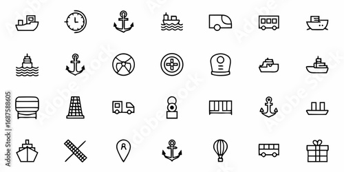 Collection of nautical and transportation icons featuring ships anchors and various vehicle illustrations 100