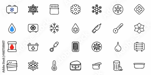 Collection of various refrigerator and cooling related icons in black outline and white background