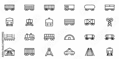 Collection of train related icons including train cars tracks and signals in simple black line style