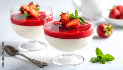 Panna cotta dessert with sauce and mint