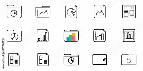 Illustration of folders and documents with graphs, charts, and a wallet icon in a simple line style
