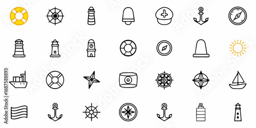 Collection of nautical themed icons including lighthouses ships anchors and compasses arranged in a grid