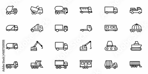 Line art illustration showing various types of trucks and construction vehicles in a simple and clean style