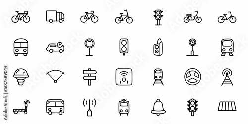 Outline icons depicting various modes of transportation and related infrastructure in a simple line art style