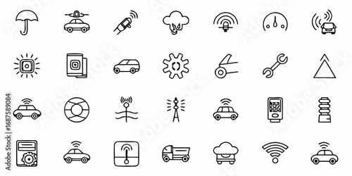 Collection of various car related icons including autonomous vehicles and weather elements drawn in black