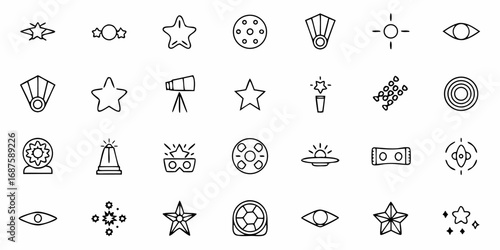 Line art icons featuring stars, eyes, telescope, ufo, and other assorted celestial and tech elements