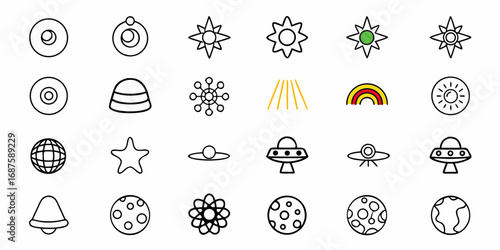 Illustration of celestial bodies, ufo, rainbow, and other space related objects in outline style format