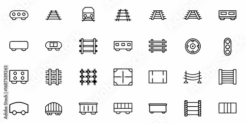 Illustration of various train related elements including train cars and train tracks in a line art style