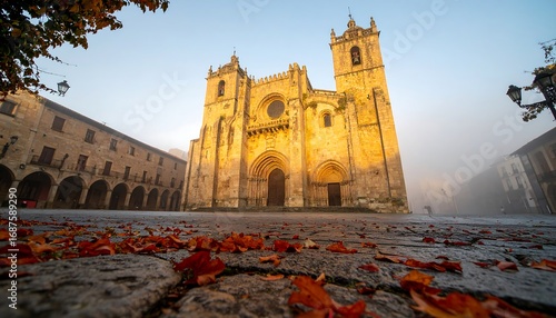 Autumnal cathedral square bathed in morning light