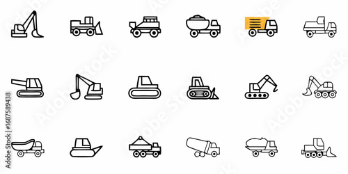 Illustration of construction vehicles including excavators bulldozers and various types of trucks in black outline