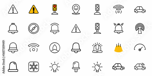 Various safety and alert icons including traffic lights, bells, and warning signs are displayed