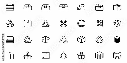 Illustration of various packaging and shipping icons including boxes recycling and other related symbols