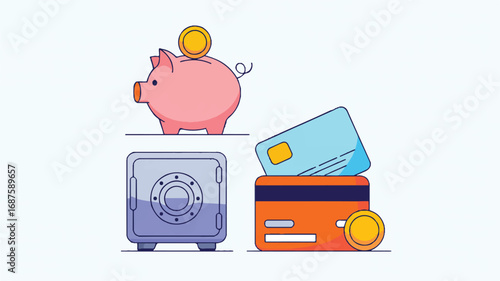 Financial security illustration featuring a piggy bank safe and credit cards emphasizing saving investing and planning for the future