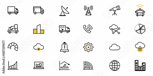 A collection of transportation, communication, and data related icons in a vector format set up neatly