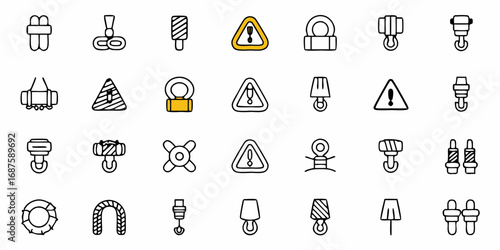 Collection of various lifting equipment icons including hooks shackles and warning signs in a vector format