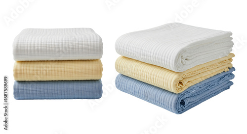 Stack of Three Soft Muslin Cotton Blankets in White Beige and Blue.