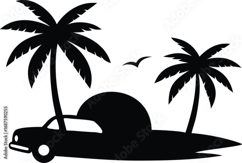 Silhouette of a car parked on a tropical island with palm trees and a bird flying vacation travel