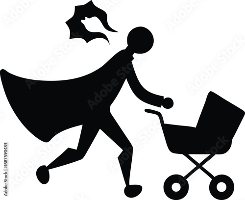 Silhouette of a person in a cape running with a baby stroller parent parent-child