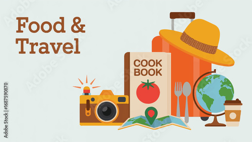 Food and Travel Still Life Illustration Featuring Suitcase Camera Cookbook Globe Hat and Coffee for Blog Post