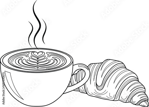 Hand drawn illustration of a cup of coffee with latte art and a croissant isolated on white background