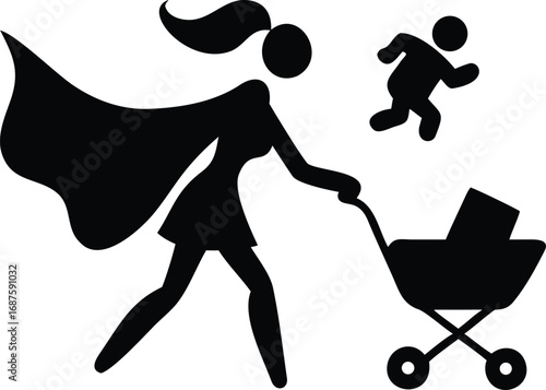 Silhouette of a super mom with a cape pushing a stroller and a child running mother superhero