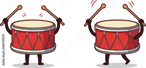 two animated drums playing music with drumsticks
