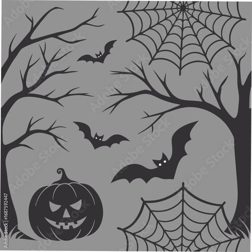 Silhouette of Halloween Elements on Gray Background